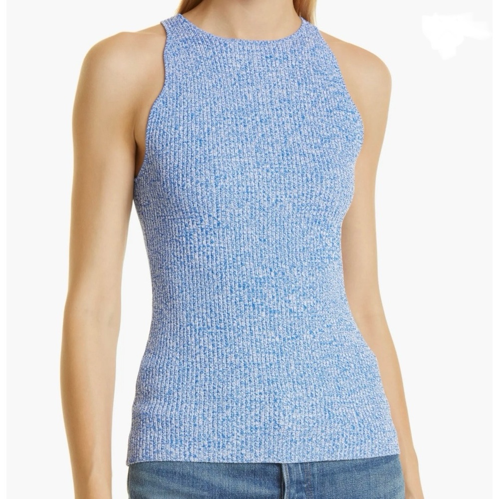 Ganni Blue And White Melange Rib Knit Stretch Bodycon Sleeveless Tank Top Medium